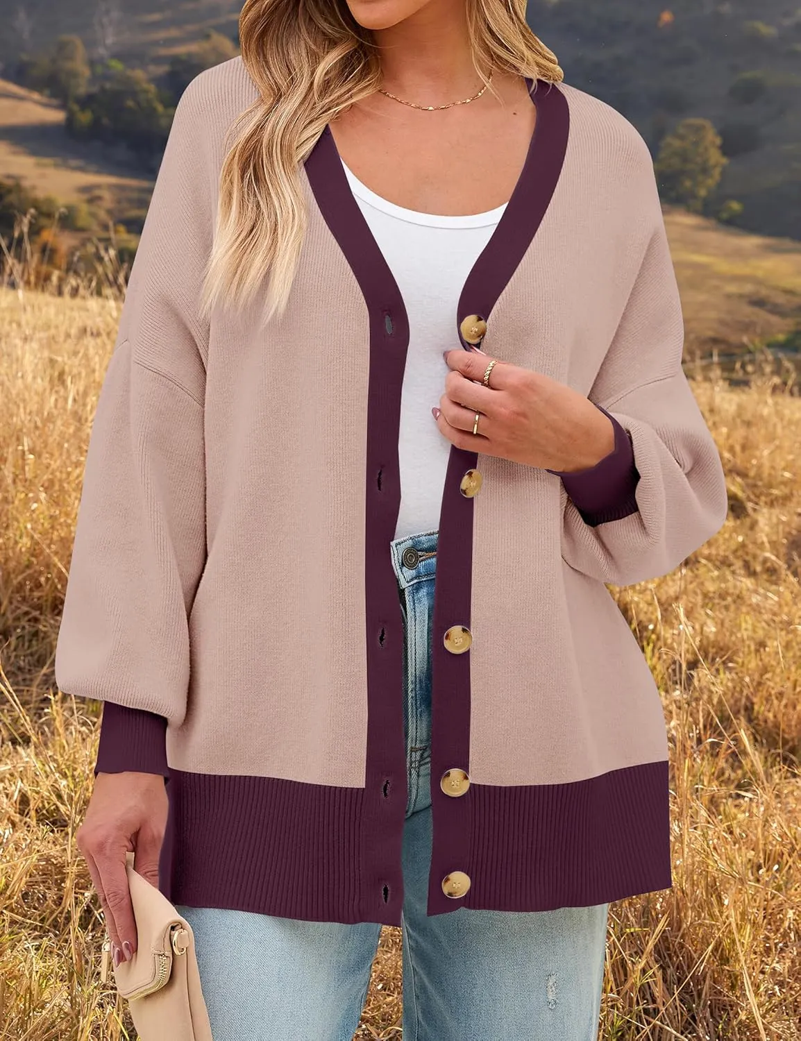 ZESICA Women's Casual Loose Knitted Cardigan Long Sleeve Open Front Contrast Color Button Down Oversized Sweater Coats