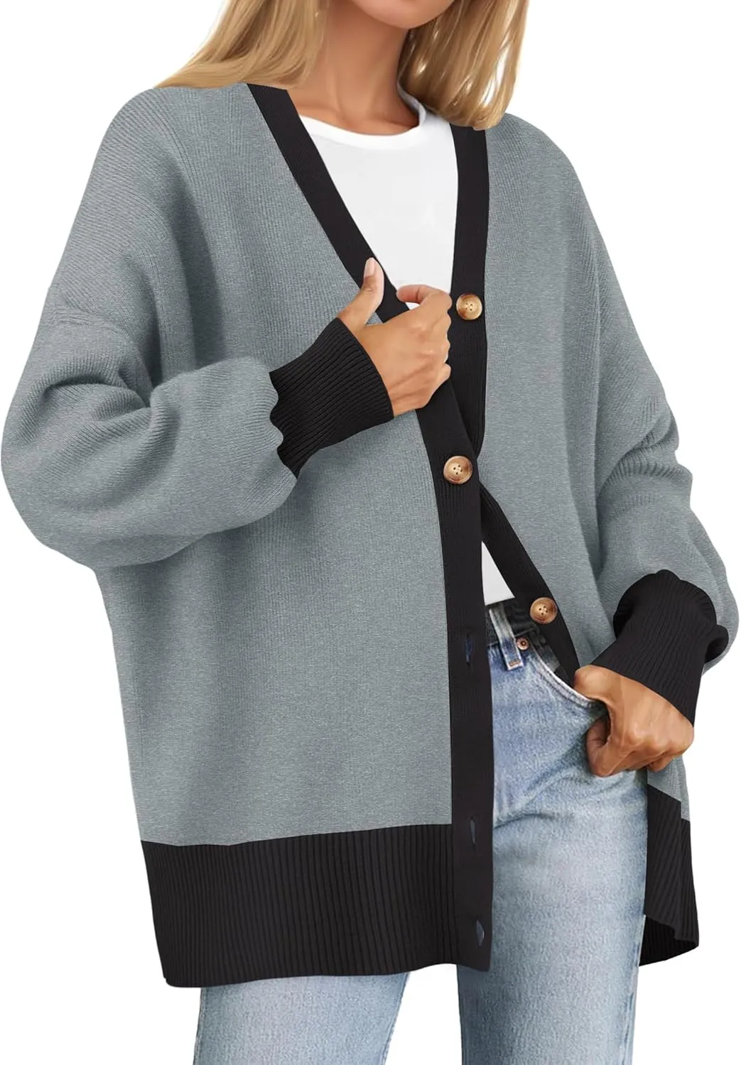 ZESICA Women's Casual Loose Knitted Cardigan Long Sleeve Open Front Contrast Color Button Down Oversized Sweater Coats