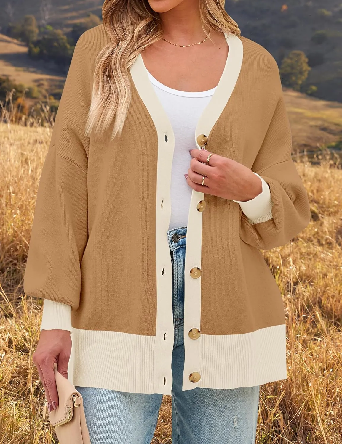 ZESICA Women's Casual Loose Knitted Cardigan Long Sleeve Open Front Contrast Color Button Down Oversized Sweater Coats