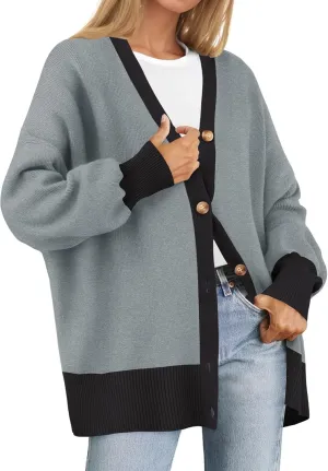 ZESICA Women's Casual Loose Knitted Cardigan Long Sleeve Open Front Contrast Color Button Down Oversized Sweater Coats