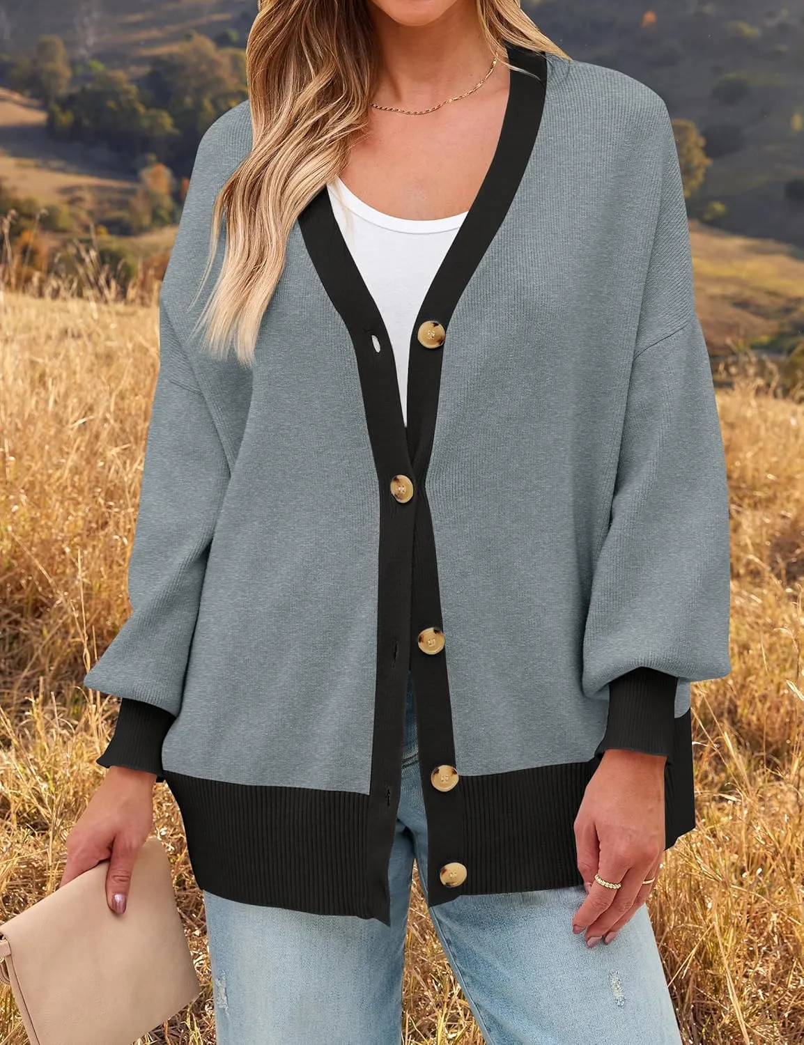 ZESICA Women's Casual Loose Knitted Cardigan Long Sleeve Open Front Contrast Color Button Down Oversized Sweater Coats