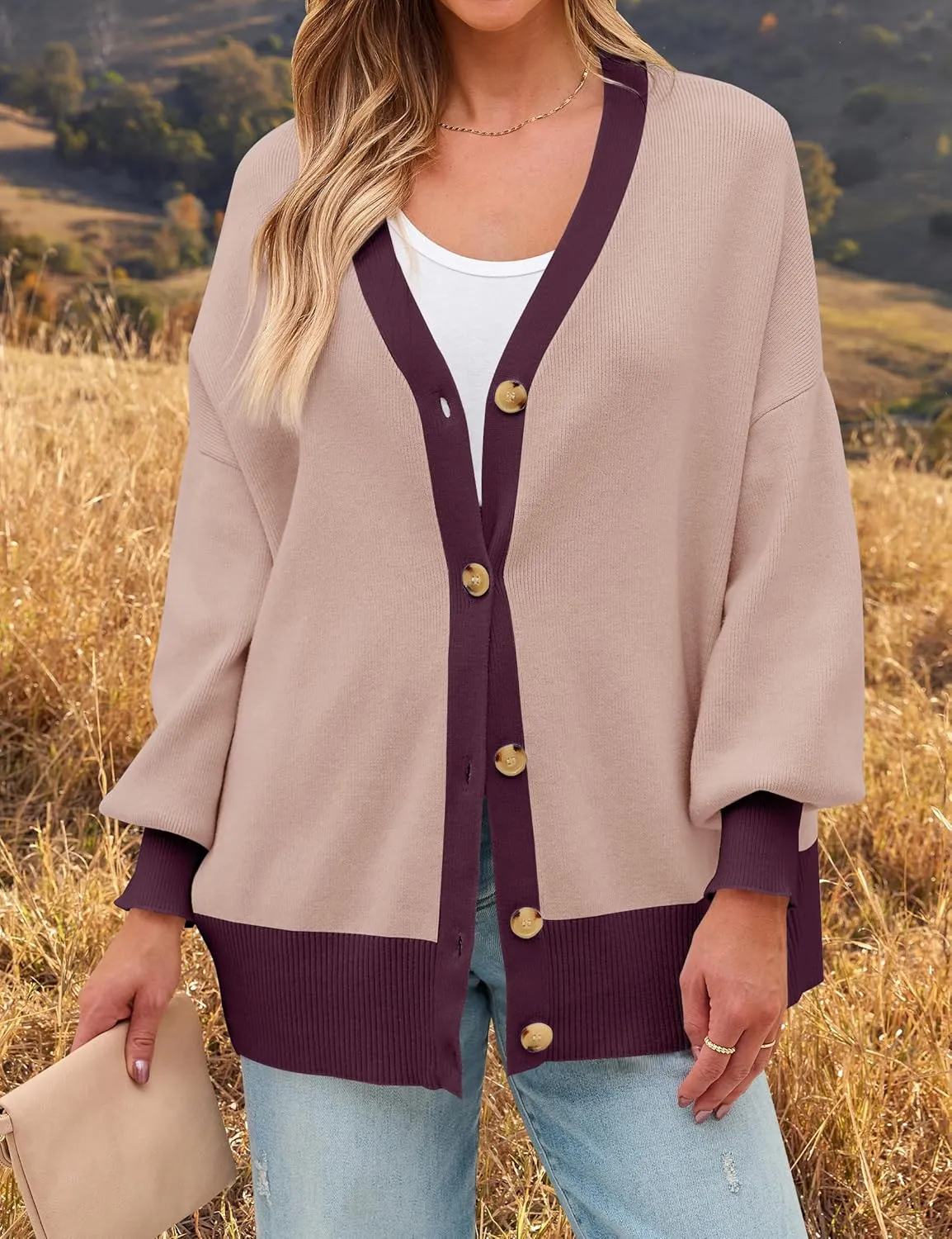 ZESICA Women's Casual Loose Knitted Cardigan Long Sleeve Open Front Contrast Color Button Down Oversized Sweater Coats