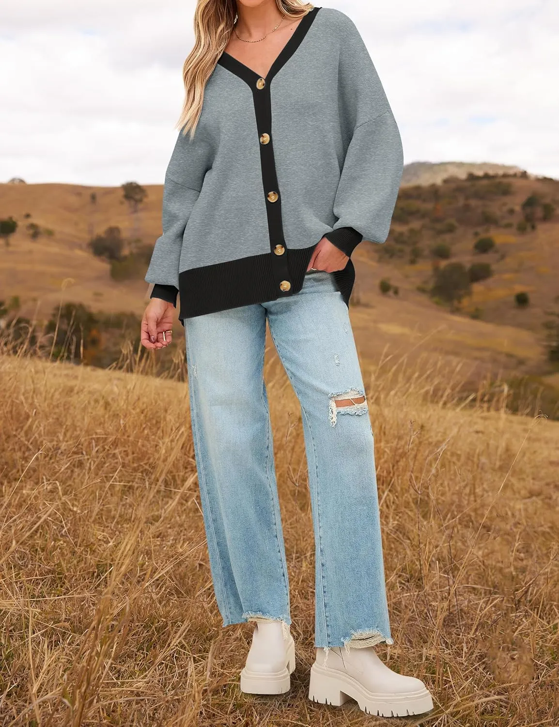 ZESICA Women's Casual Loose Knitted Cardigan Long Sleeve Open Front Contrast Color Button Down Oversized Sweater Coats