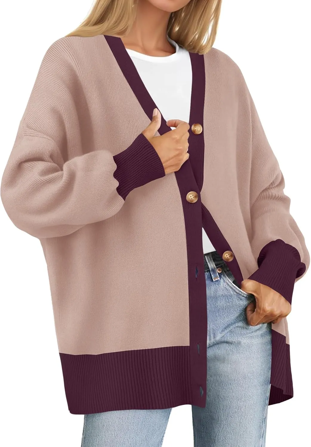 ZESICA Women's Casual Loose Knitted Cardigan Long Sleeve Open Front Contrast Color Button Down Oversized Sweater Coats