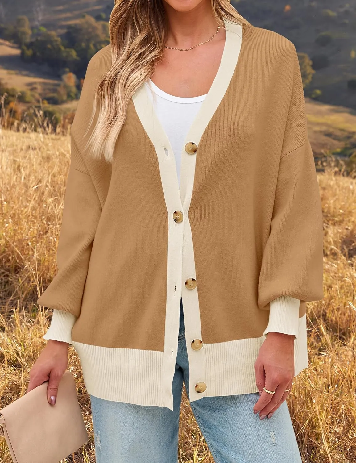 ZESICA Women's Casual Loose Knitted Cardigan Long Sleeve Open Front Contrast Color Button Down Oversized Sweater Coats