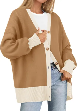 ZESICA Women's Casual Loose Knitted Cardigan Long Sleeve Open Front Contrast Color Button Down Oversized Sweater Coats