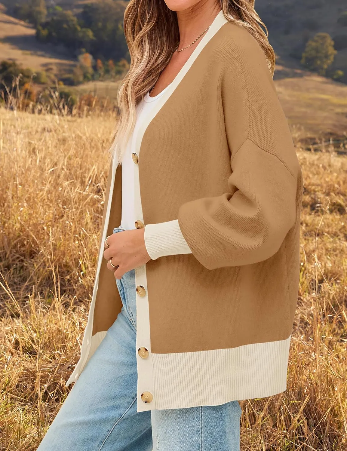 ZESICA Women's Casual Loose Knitted Cardigan Long Sleeve Open Front Contrast Color Button Down Oversized Sweater Coats