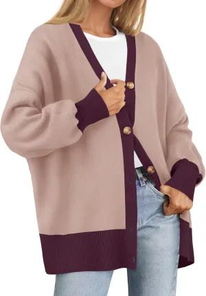 ZESICA Women's Casual Loose Knitted Cardigan Long Sleeve Open Front Contrast Color Button Down Oversized Sweater Coats