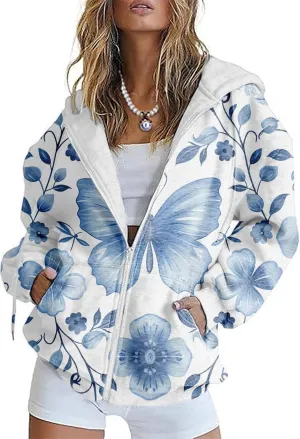 Zip Up Hoodie Women Butterfly Graphic Hoodies Long Sleeve Oversized Y2K Sweatshirts Cute jackets Plus Size for Girls