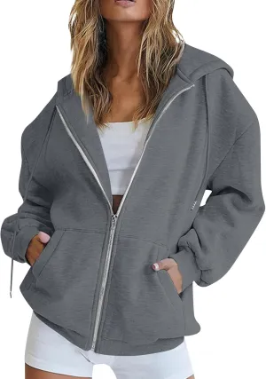 Zip Up Hoodie Women Fleece Lined Long Sleeve Oversized Sweatshirt Cute Hoodies Y2K Trendy Fall Jackets with Pockets