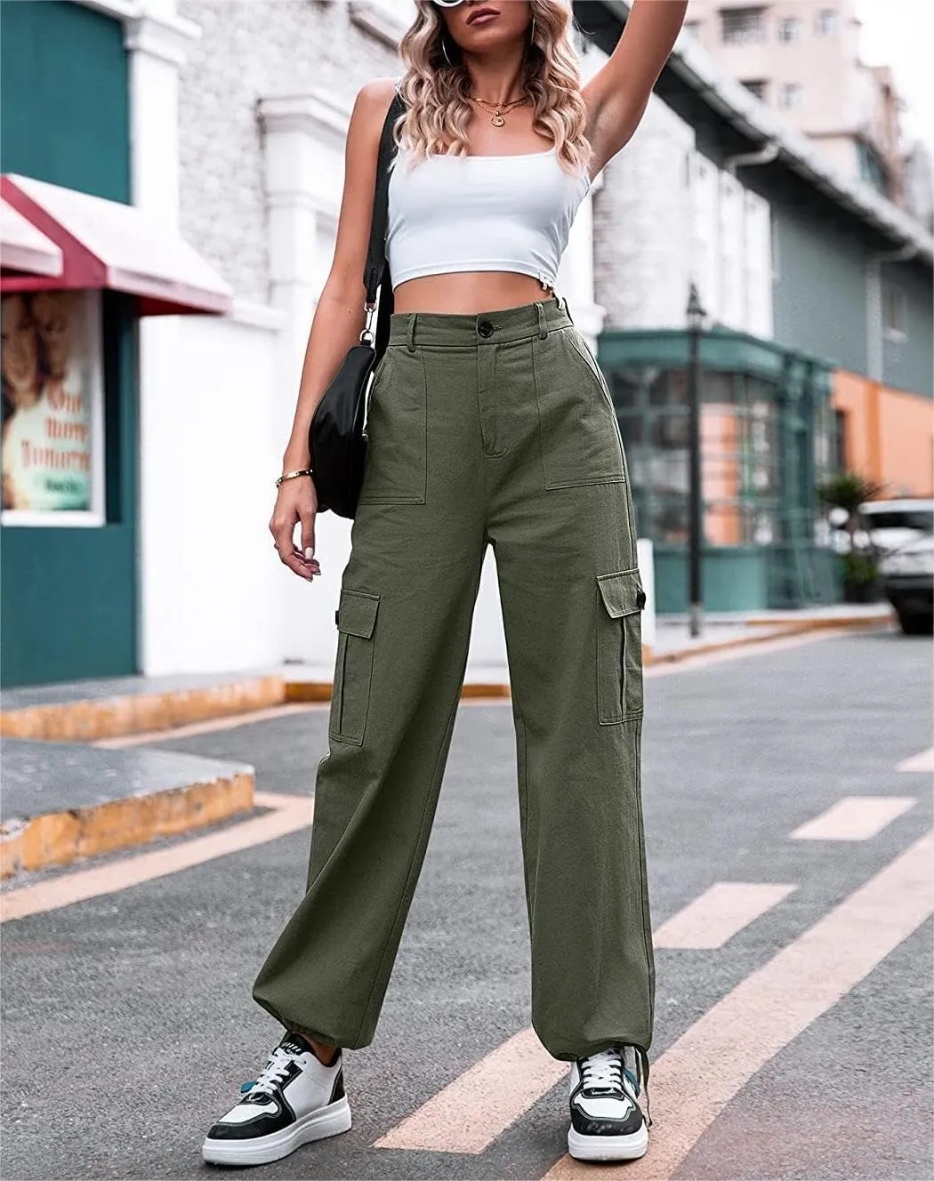 ZOCANIA Women's Casual High Waisted Cargo Pants Wide Leg Pants Solid Combat Military Trousers with Pockets