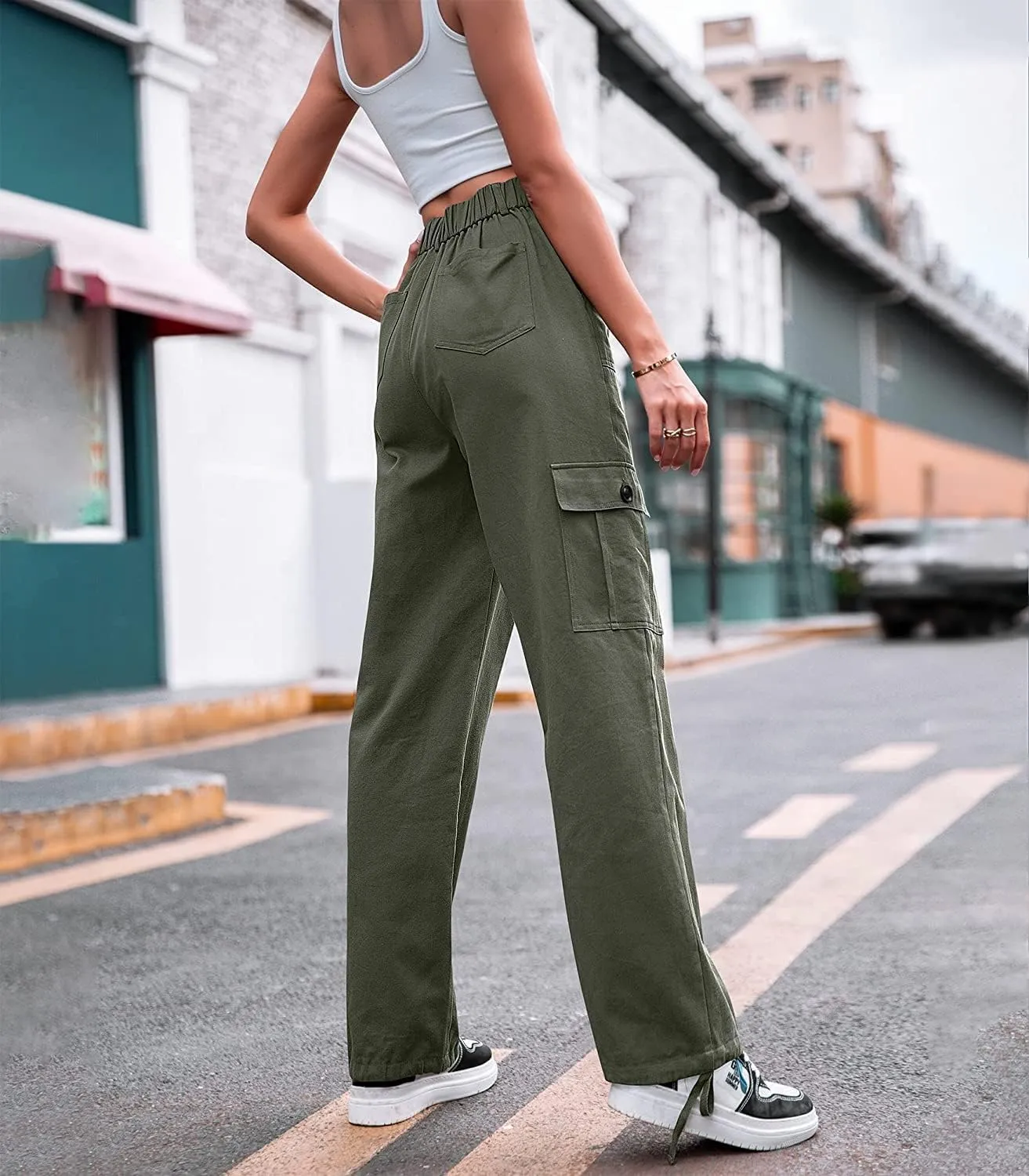 ZOCANIA Women's Casual High Waisted Cargo Pants Wide Leg Pants Solid Combat Military Trousers with Pockets