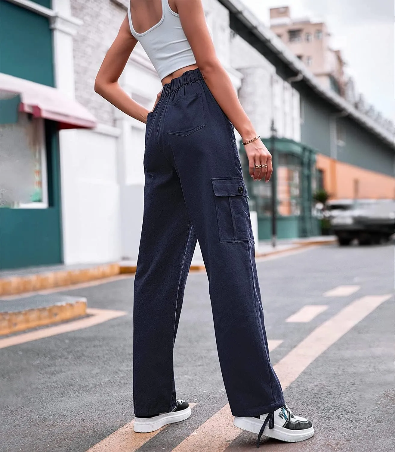 ZOCANIA Women's Casual High Waisted Cargo Pants Wide Leg Pants Solid Combat Military Trousers with Pockets