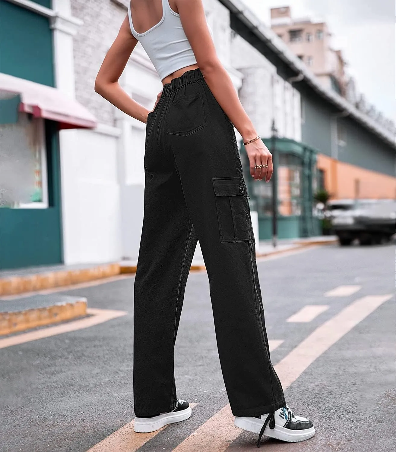 ZOCANIA Women's Casual High Waisted Cargo Pants Wide Leg Pants Solid Combat Military Trousers with Pockets