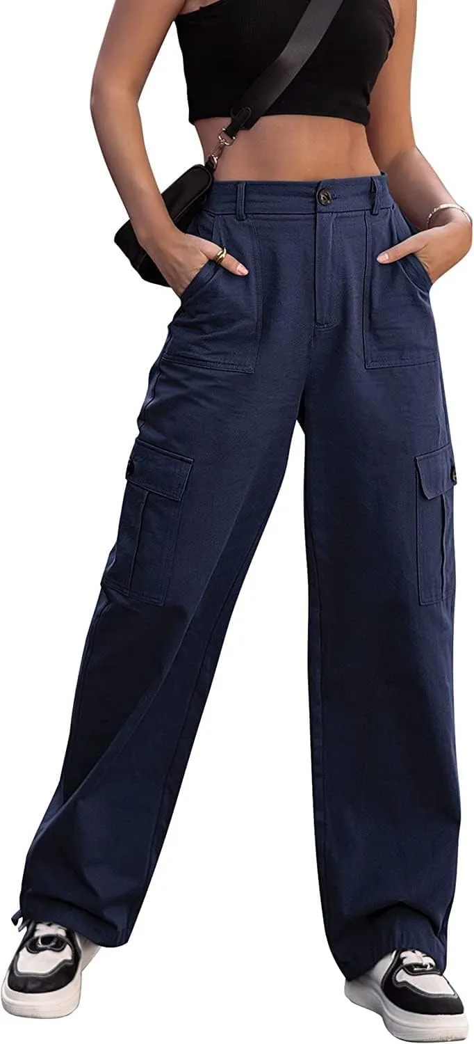 ZOCANIA Women's Casual High Waisted Cargo Pants Wide Leg Pants Solid Combat Military Trousers with Pockets