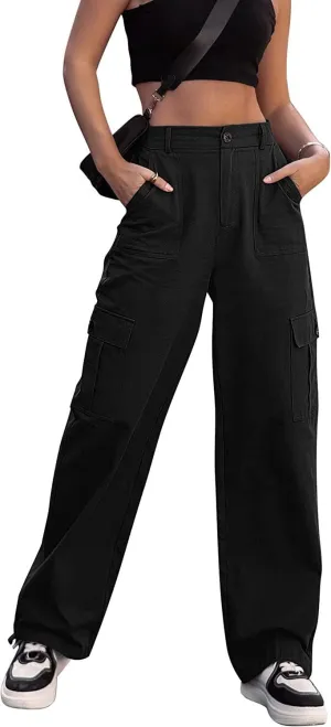 ZOCANIA Women's Casual High Waisted Cargo Pants Wide Leg Pants Solid Combat Military Trousers with Pockets