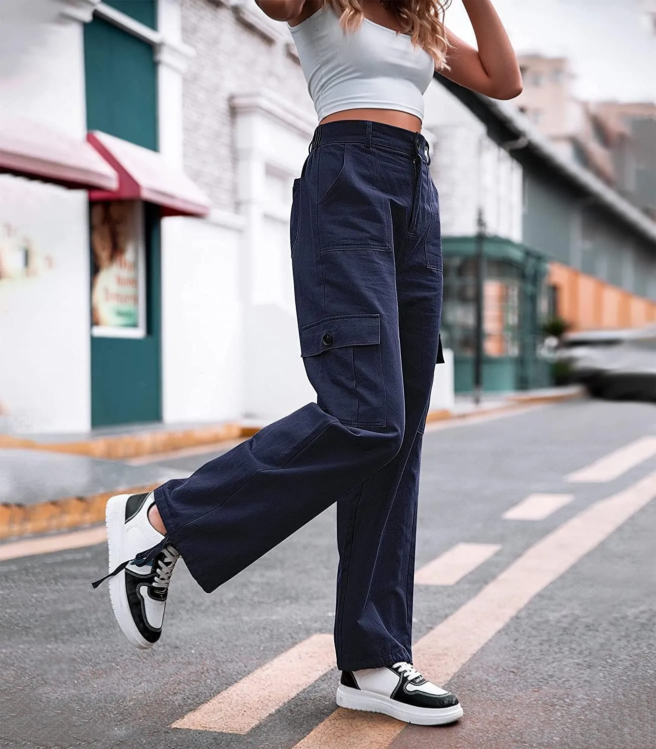 ZOCANIA Women's Casual High Waisted Cargo Pants Wide Leg Pants Solid Combat Military Trousers with Pockets