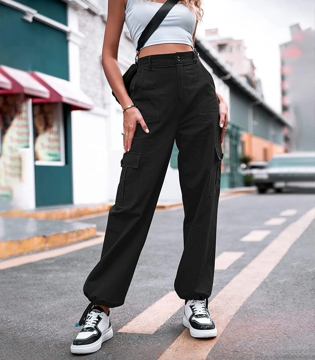 ZOCANIA Women's Casual High Waisted Cargo Pants Wide Leg Pants Solid Combat Military Trousers with Pockets