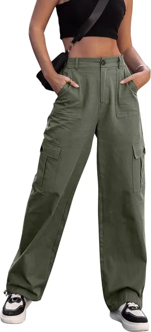 ZOCANIA Women's Casual High Waisted Cargo Pants Wide Leg Pants Solid Combat Military Trousers with Pockets