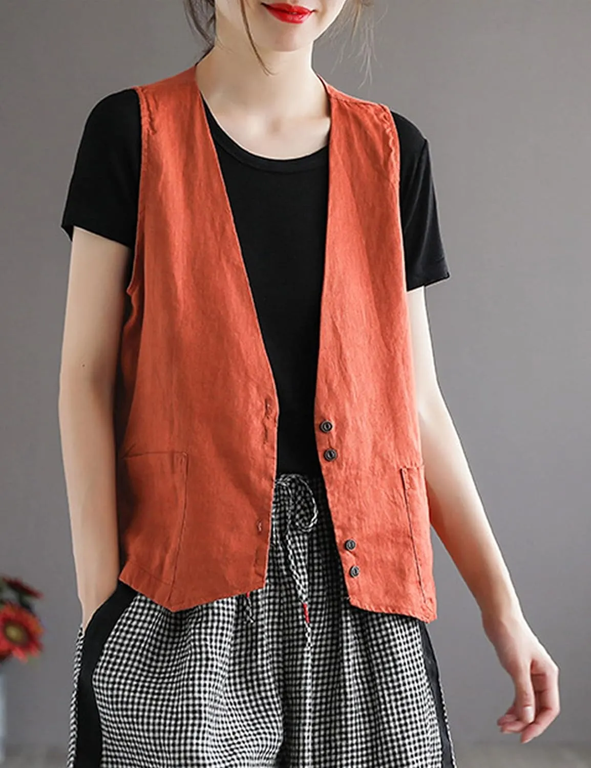 Zontroldy Womens Cotton Linen Vest Casual Loose V Neck Sleeveless Vests Jacket Blazer Waistcoat with Pockets