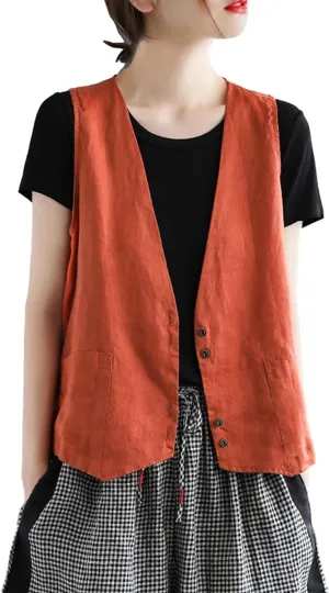 Zontroldy Womens Cotton Linen Vest Casual Loose V Neck Sleeveless Vests Jacket Blazer Waistcoat with Pockets