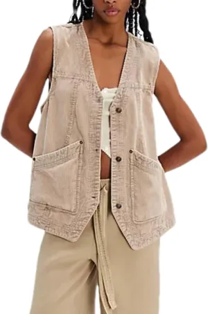 Zontroldy Women's Vintage V Neck Corduroy Vests Sleeveless Button Down Cardigan Outerwear with Pockets