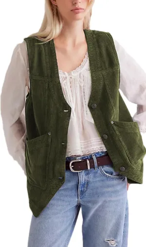 Zontroldy Women's Vintage V Neck Corduroy Vests Sleeveless Button Down Cardigan Outerwear with Pockets