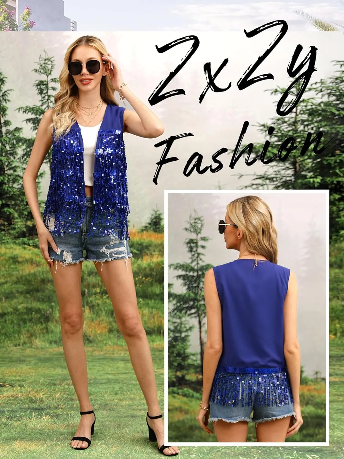 ZXZY Womens Sequin Fringe Sleeveless Vest Sparkly Lightweight Fitted Jacket Cardigan