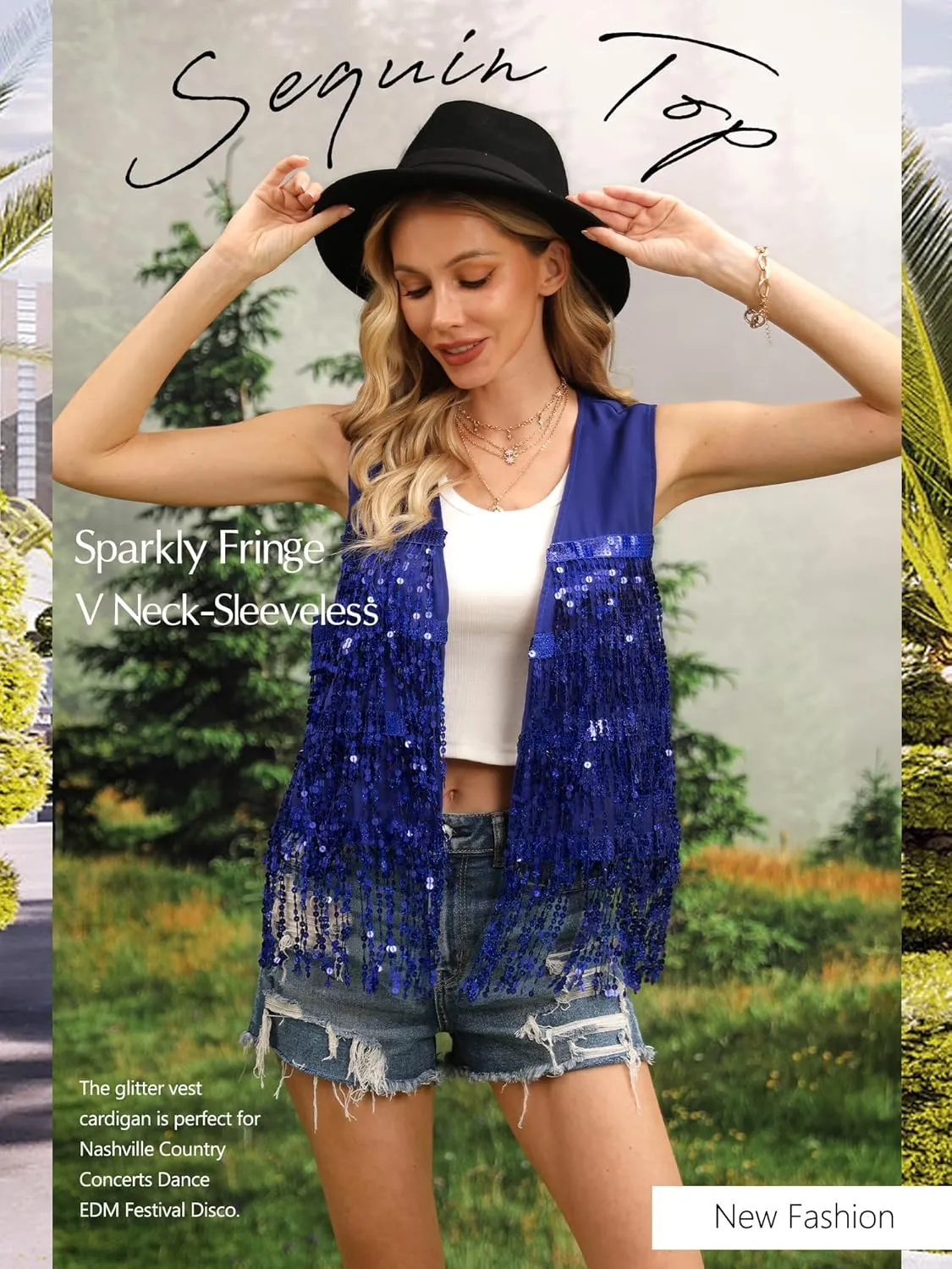 ZXZY Womens Sequin Fringe Sleeveless Vest Sparkly Lightweight Fitted Jacket Cardigan