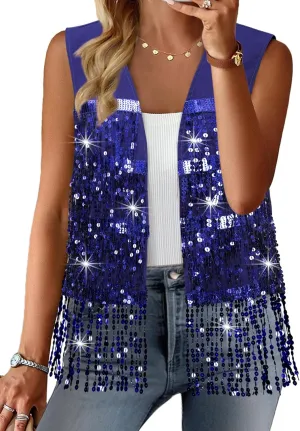 ZXZY Womens Sequin Fringe Sleeveless Vest Sparkly Lightweight Fitted Jacket Cardigan