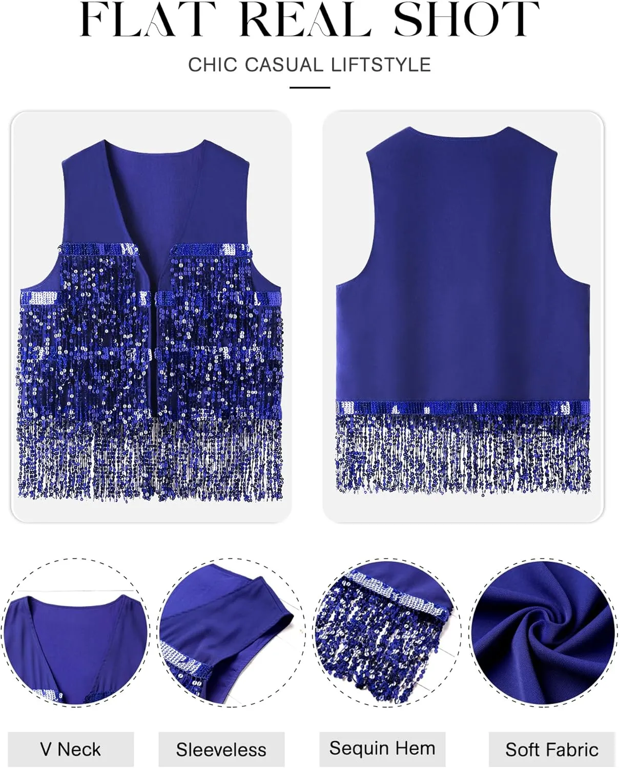 ZXZY Womens Sequin Fringe Sleeveless Vest Sparkly Lightweight Fitted Jacket Cardigan